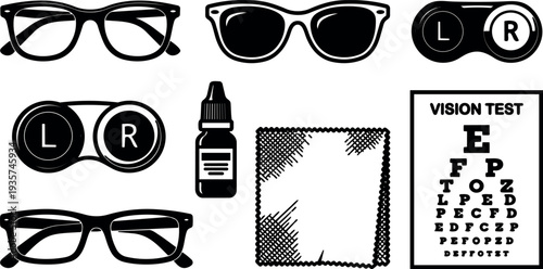 Flat design ophthalmology icon set close up eyeglasses contact lens case eye drops cleaning cloth snellen vision test board black