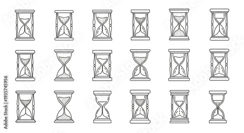 Collection of hourglasses in various styles and sizes.