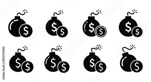 Black and white icons depicting money bombs with burning fuses