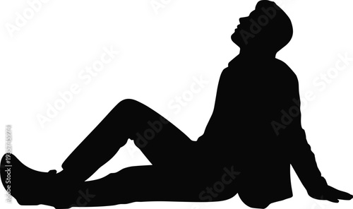Black silhouette of person sitting on ground in relaxed posture, contemplative figure symbolizing rest, introspection, leisure, and expressive human design