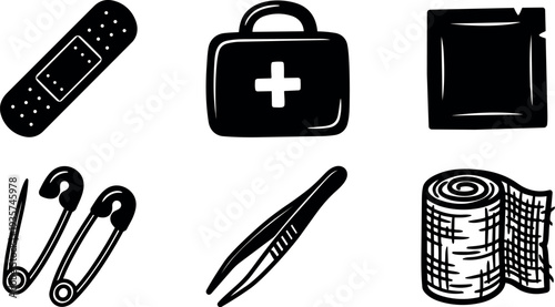 Line art close up medical supply icon set with six black hand drawn icons on white background flat vector minimal