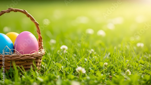 Easter eggs in a woven basket on green grass
