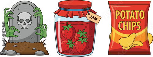 Spooky Graveyard Tombstone with Zombie Hands, Homemade Strawberry Jam Jar, and Crunchy Potato Chips Snack Pack Vector Illustration Set for Graphics