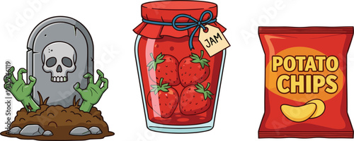 Spooky Graveyard Tombstone with Skull and Zombie Hands, Glass Jar of Strawberry Jam, and Red Bag of Crispy Potato Chips Vector Illustration Collection