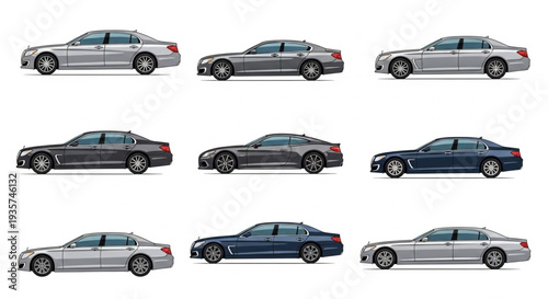 Collection of Luxury Sedans Side View Isolated on White Background.