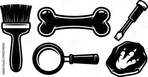 Vector icon set close up forensic evidence brush bone screwdriver magnifier footprint in clay crime scene collection bold silhouette monochrome
