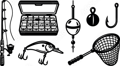 Vector line art close up fishing gear set with open tackle box rod lure net bobber hooks in monochrome icons