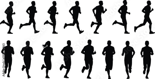 Running people silhouettes collection with male and female runners jogging fitness sport activity vector illustration isolated black set