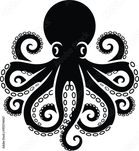 Black silhouette illustration of octopus with curled tentacles and suction cups, symmetrical marine design suitable for decorative art concepts