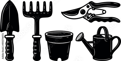 Flat design close up gardening tool set showing trowel rake pruning shears plant pot and watering can