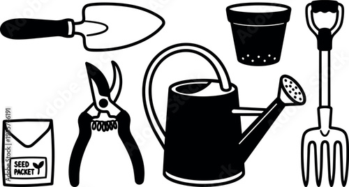 Minimalist flat vector design gardening tools watering can pruning shears trowel seed packet pot hand fork top view black silhouette