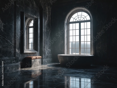 Dark marble walls surround elegant arched window. Stone basin rests beneath soft morning light. Reflections dance on polished floor surface. Mirror frames window's silhouette perfectly