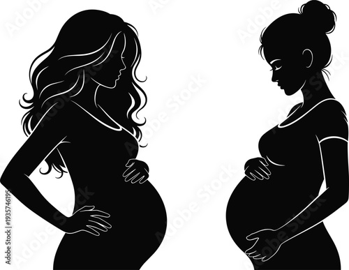 Black silhouette illustration of two pregnant women facing each other, maternal vector design symbolizing motherhood, maternity, and family themes