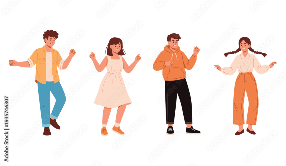 Naklejka premium Diverse young adults dancing: illustration of casual fashion and joyful movement