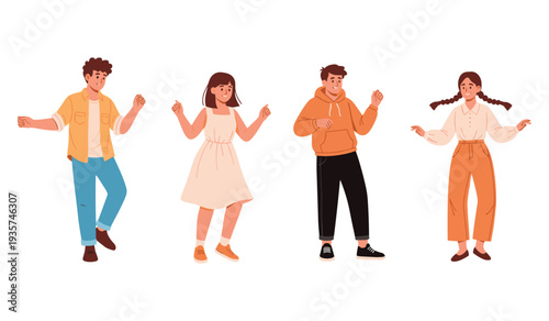 Diverse young adults dancing: illustration of casual fashion and joyful movement