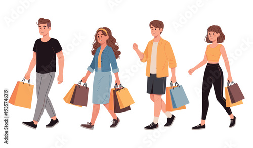 Group of diverse young adults shopping with bags