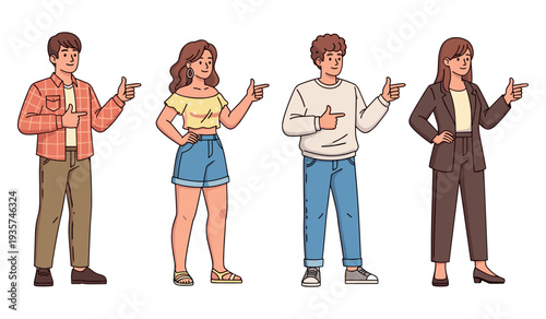 Diverse group of young adults pointing in different directions