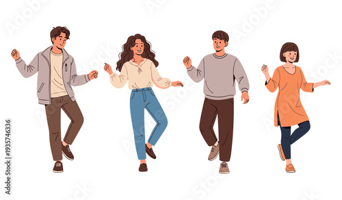 Diverse young adults dancing happily in casual outfits