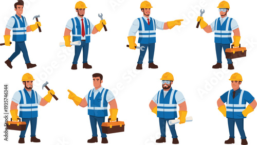 Construction Worker Character Set with Tools Cartoon Vector Collection of Builders Wearing Safety Helmet and Reflective Vest