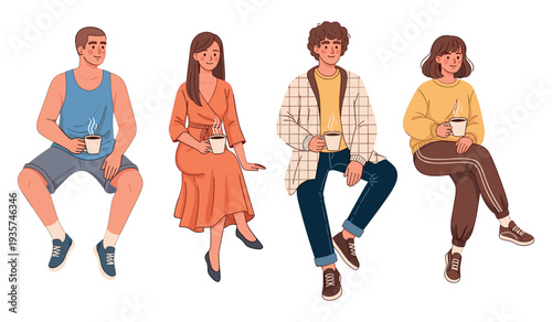Young diverse adults relaxing with coffee cups - casual sitting poses