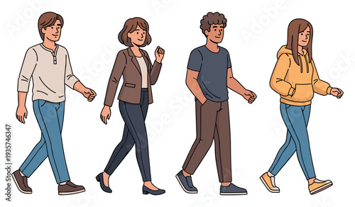 Diverse group of young adults walking in casual and professional attire
