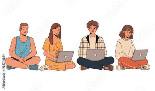 Group of young adults sitting with laptops on floor, engaged and smiling