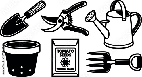 Line art gardening tools set close up trowel pruner watering can seed packet pot garden fork flat vector black white