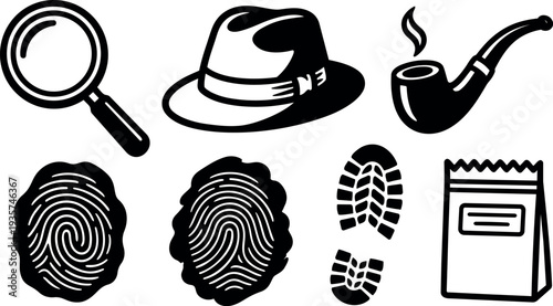 Flat design detective icon set close up magnifying glass fedora pipe fingerprints bootprint evidence bag bold silhouettes on white background