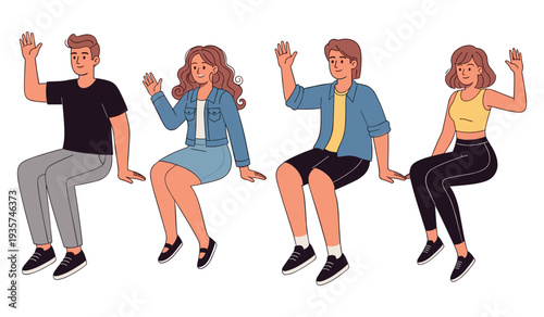 Animated diverse group of young adults sitting and waving