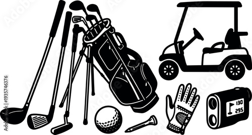 Vector flat design golf equipment set close up bag clubs cart glove ball tee and rangefinder in angled view silhouette