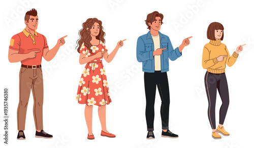 Group of diverse young adults gesturing and pointing