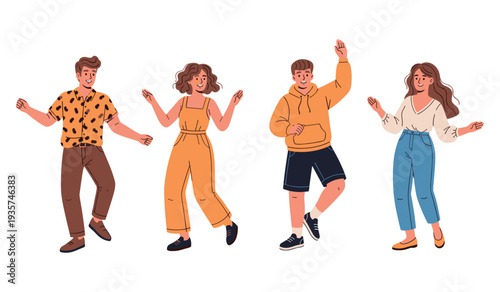 Diverse young adults dancing happily in casual outfits on white background