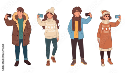 Diverse young adults taking selfies in winter outfits