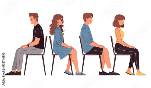 Diverse group of young adults sitting on chairs in various outfits