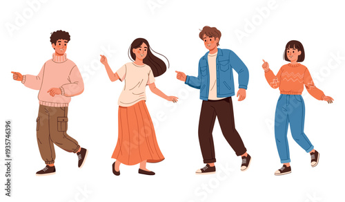 Group of diverse young adults dancing joyfully in casual outfits