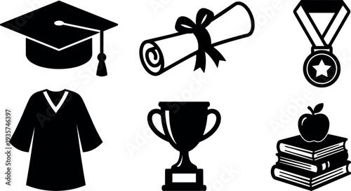 Minimalist flat design graduation icons set mortarboard diploma medal trophy gown books apple black silhouettes education branding print web