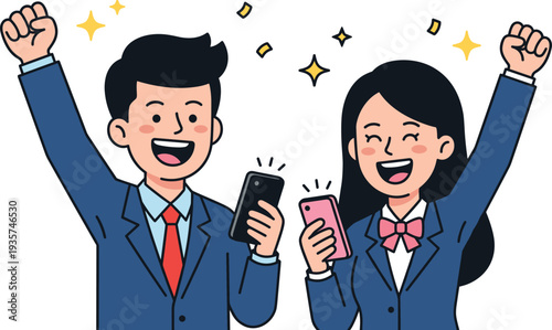 Two people in blue suits celebrating with raised arms and smartphones