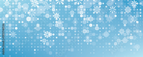 Random falling snow flakes wallpaper. Snowfall dust freeze granules. Snowfall sky white teal blue background. Many snowflakes february vector. Snow nature scenery.