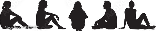 People sitting silhouettes set, men and women relaxed seated poses isolated human characters collection
