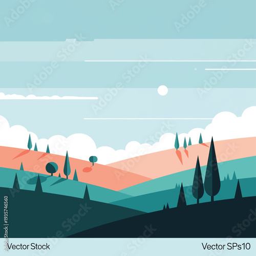 Vector Illustration of Rolling Hills and Trees.