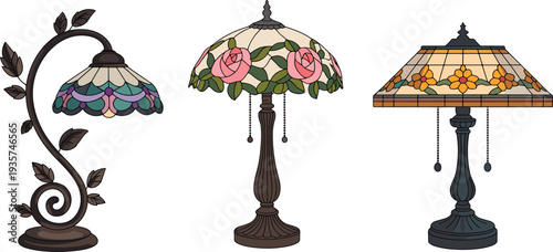 Vintage Tiffany style stained glass table lamps set with floral patterns and decorative antique lighting design isolated on white background illustration