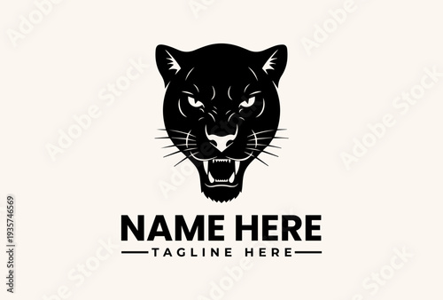 A black panther head logo illustration with a customizable name and tagline on a beige background, featuring a vector icon design.