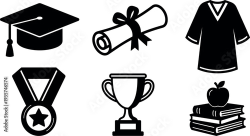 Flat design education icon set six black silhouette symbols graduation cap diploma gown medal trophy books apple close up minimalist