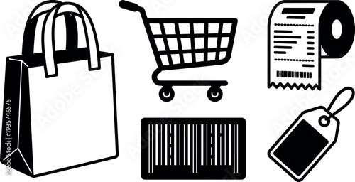 Flat design shopping icon set with bag cart receipt barcode price tag shopping basket angled view bold outline minimalist vector