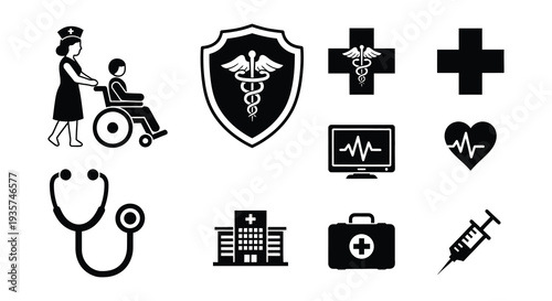 Collection of black medical icons representing healthcare and hospital services