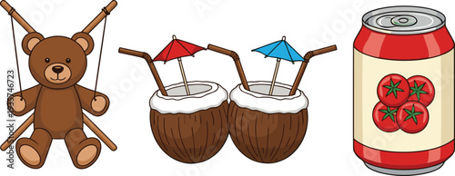 Teddy Bear Marionette String Puppet, Tropical Coconut Cocktails with Umbrellas, and Red Tomato Juice Soda Can Vector Illustration Collection