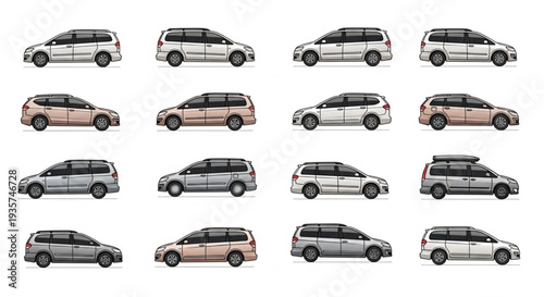 Collection of diverse minivans in various colors and angles.