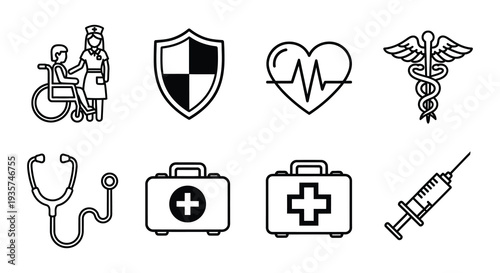 Collection of black medical icons representing healthcare and hospital services
