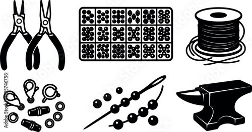 Flat design close up jewelry making tools pliers bead tray spool of wire clasps needles beading on white background studio