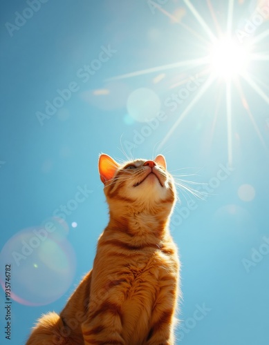 Orange cute cat looking to the sun